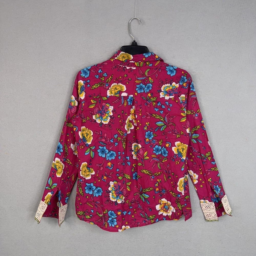 Pitusa Blouse Womens I Pink Floral Cotton Collared Boho Tie Front Top Lace Cuff - Picture 7 of 14